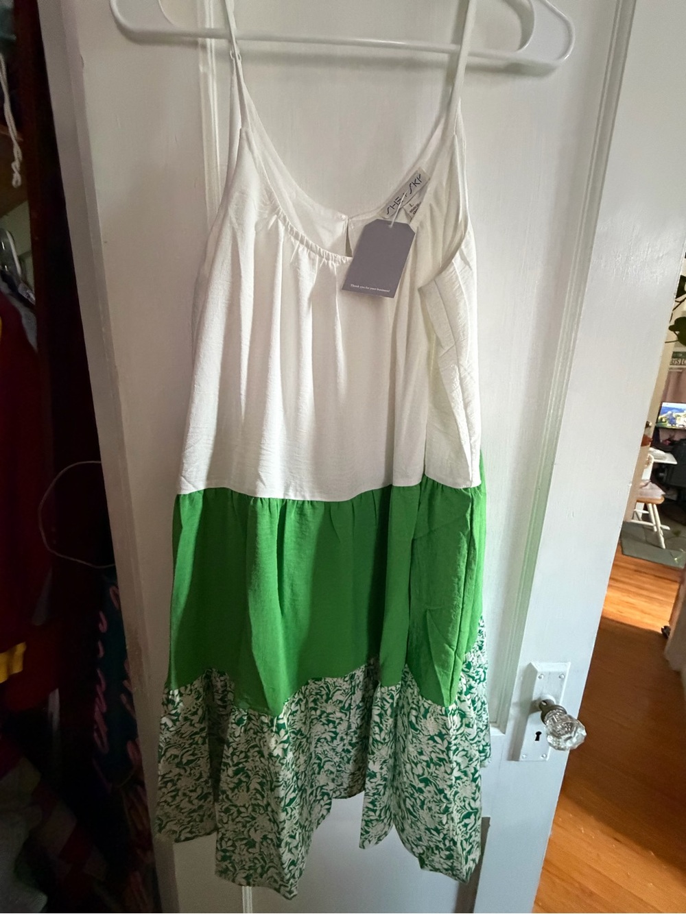She + Sky White and Green Tiered Sundress with Floral Hem